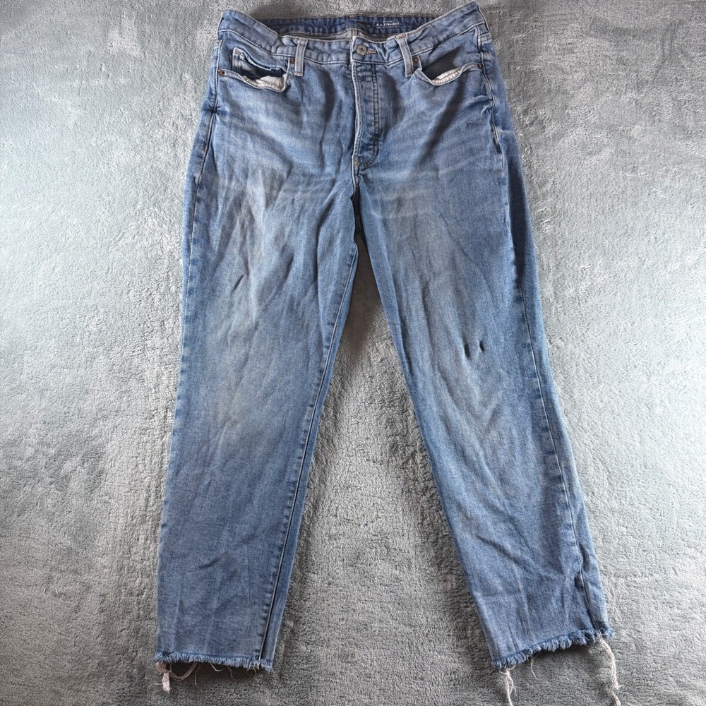 Old Navy OG Straight High Rise Button Fly Raw Hem Jeans Blue Wash Womens Size 14